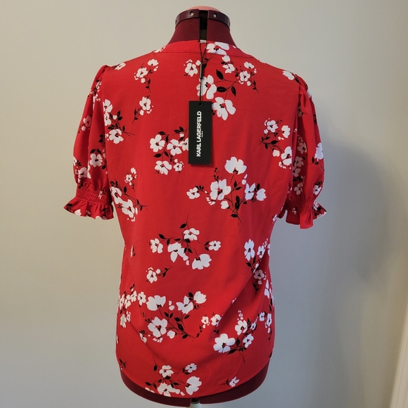 Karl Lagerfeld Paris Red Floral Short Sleeve Blouse | Size L | NWT - Picture 4 of 9